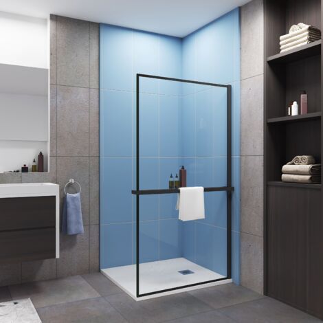 Paroi de douche à l'italienne cadre noir 120x200cm cadre et étagère de douche aluminium et noir mat (1/5)