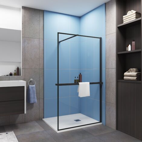 Paroi de douche à l'italienne cadre noir 120x200cm installé avec une barre de fixation noir en 90cm,livré avec étagère de douche noir (1/5)