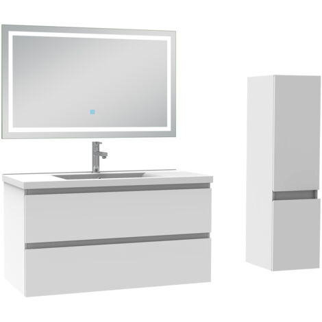 AICA Ensemble Meuble salle de Bain 100cm simple vasque avec colonne et miroir 3 couleurs Blanc (1/5)
