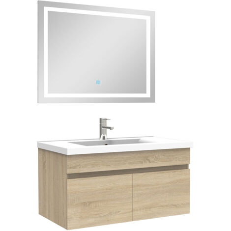 AICA Ensemble Meuble Salle de Bain 80cm Chêne simple vasque + miroir lumineux 3 couleurs + dimmable (1/5)