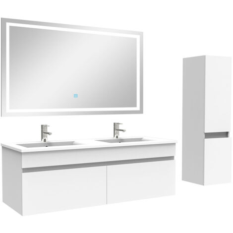 AICA Ensemble Meuble salle de Bain 120cm double vasque avec colonne + miroir 3 couleurs Blanc (1/5)