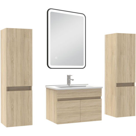 AICA Meuble simple vasque Chêne 60cm avec colonne + miroir 3 couleurs + dimmable (1/5)