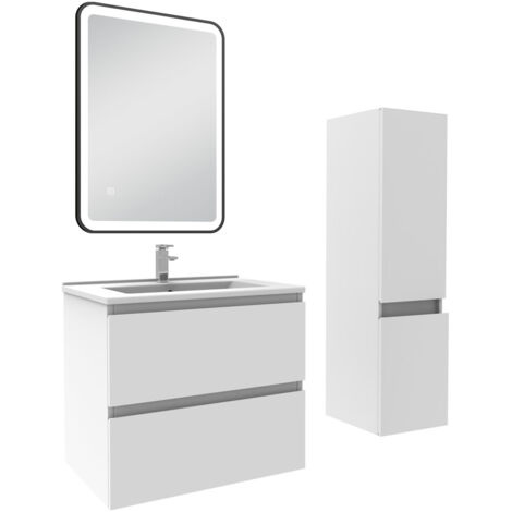 AICA Meuble salle de Bain 60cm simple vasque avec colonne + miroir 3 couleurs Blanc (1/5)