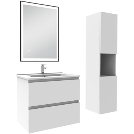 AICA Meuble salle de Bain 60cm avec colonne et miroir 3 couleurs Blanc (1/5)
