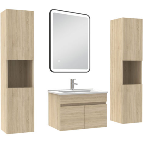 AICA Meuble simple vasque 60cm avec colonne + miroir 3 couleurs + dimmable Chêne (1/5)