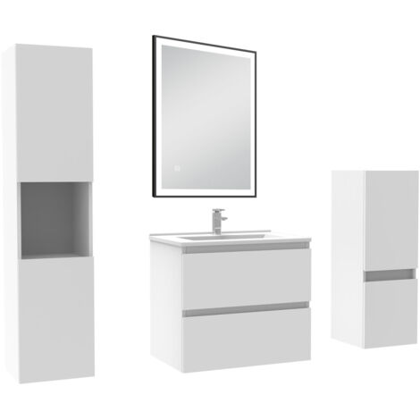 AICA Meuble salle de Bain 60cm avec colonne et miroir mural lumineux 3 couleurs Blanc (1/5)