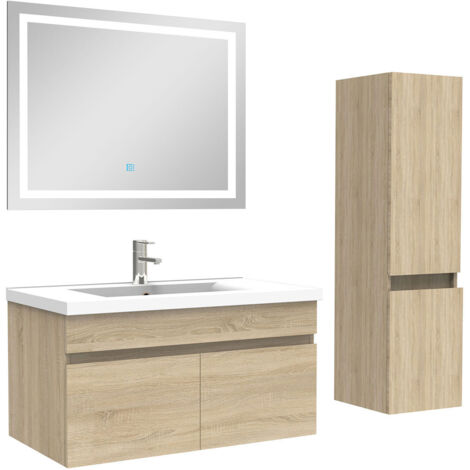 AICA Ensemble Meuble salle de Bain 80cm simple vasque avec colonne + miroir 3 couleurs Chêne (1/5)