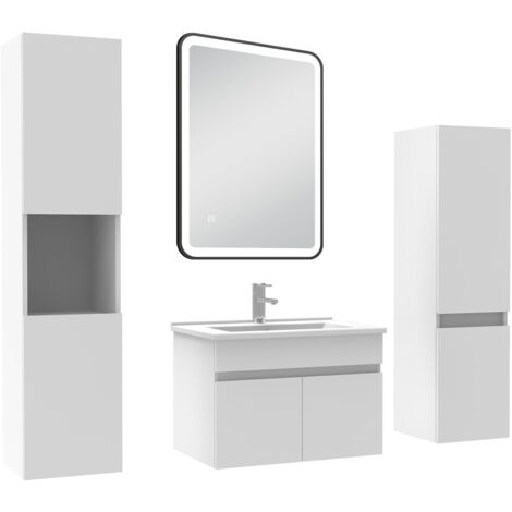 AICA Meuble simple vasque Blanc 60cm avec colonne + miroir lumineux 3 couleurs + dimmable (1/5)
