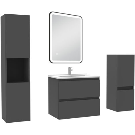 AICA Meuble salle de Bain 60cm avec colonne + miroir mural lumineux 3 couleurs Anthracite (1/5)