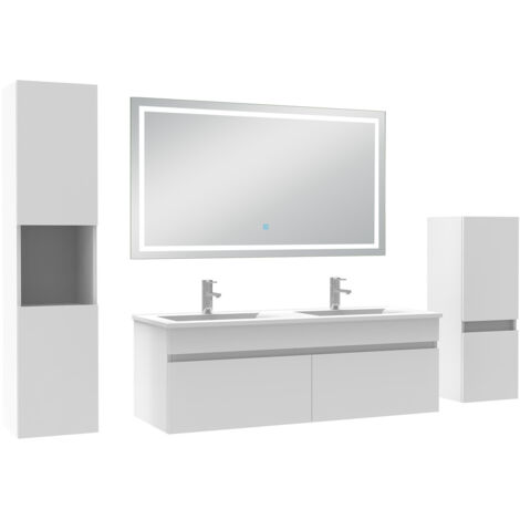 AICA Ensemble Meuble salle de Bain 120cm avec colonne + miroir mural lumineux 3 couleurs Blanc (1/5)