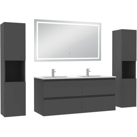 AICA Ensemble Meubles Salle de Bain 120cm avec colonne et miroir lumineux 3 couleurs et dimmable Anthracite