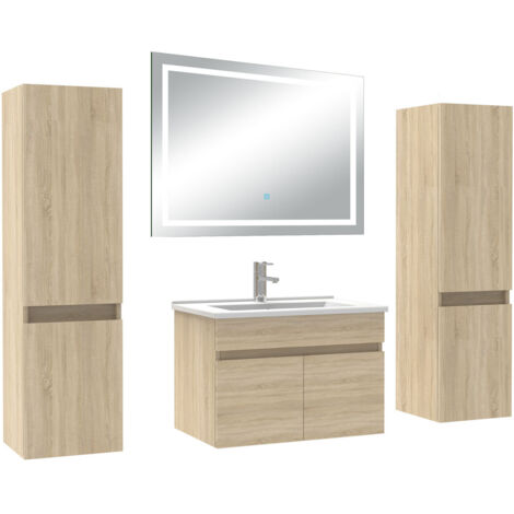 AICA Ensemble Meubles Salle de Bain 60cm avec colonne + miroir lumineux 3 couleurs Chêne (1/5)