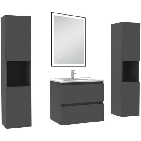 AICA Meubles Salle de Bain 60cm avec colonne et miroir lumineux 3 couleurs et dimmable Anthracite (1/5)