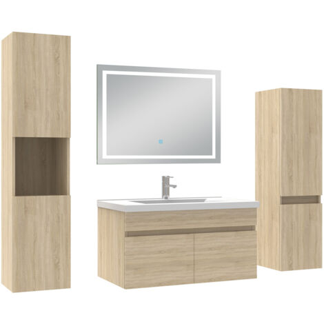 AICA Ensemble Meuble Salle de Bain 80cm avec colonne + miroir lumineux 3 couleurs Chêne (1/5)
