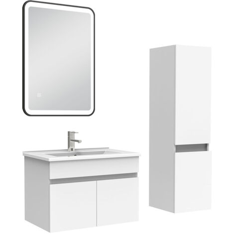 AICA Meuble simple vasque 60cm avec colonne + miroir lumineux Blanc (1/5)