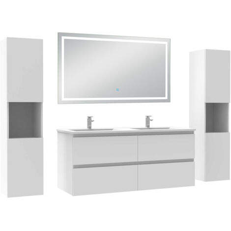 AICA Ensemble Meubles Salle de Bain 120cm avec colonne et miroir lumineux 3 couleurs et dimmable Blanc