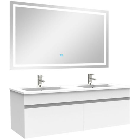 AICA Ensemble Meuble Salle de Bain 120cm Blanc double vasque + miroir lumineux 3 couleurs + dimmable (1/5)