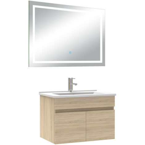 AICA Ensemble Meuble Salle de Bain 60cm Chêne simple vasque + miroir lumineux 3 couleurs + dimmable (1/5)