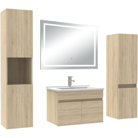 AICA Ensemble Meuble Salle de Bain 60cm avec colonne + miroir lumineux 3 couleurs Chêne (1/5)