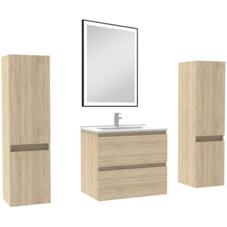 AICA Meubles Salle de Bain 60cm avec colonne et miroir lumineux 3 couleurs Chêne (1/5)