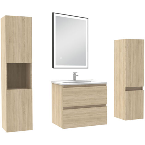 AICA Meuble Salle de Bain 60cm avec colonne et miroir lumineux 3 couleurs Chêne (1/5)