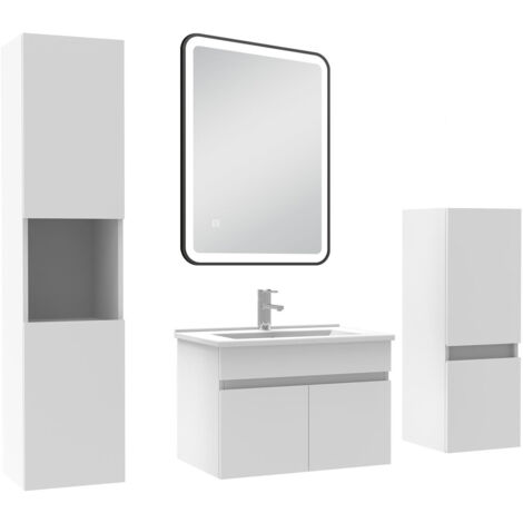 AICA Meuble simple vasque 60cm avec colonne + miroir lumineux 3 couleurs + dimmable Blanc (1/5)