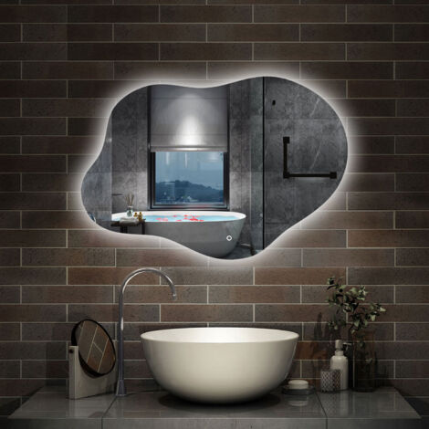 Aica Sanitaire – Miroir lumineux de salle de bain 80×55cm – Rétro-éclairage dimmable – Anti-buée – Design asymétrique – 3 couleurs – Mémoire