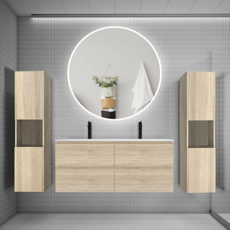 Meuble Salle De Bain 120 Cm Avec Double Vasque, Colonnes Et Miroir Lumineux Dimmable - Ensemble 5 Pièces Blanc, MDF, Grand Rangement