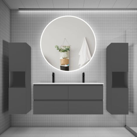 Ensemble Meuble Salle De Bain 120 Cm - Double Vasque, 2 Colonnes, Miroir Lumineux - Blanc - 5 Pièces