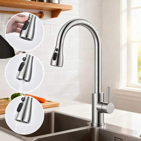 AICA Robinet de Cuisine 2 Modes Débit Eau Extractible 360° Rotatif Mitigeur Monocommande Finition Brossée