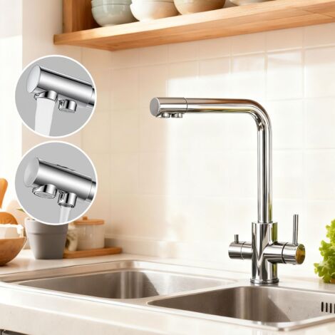 AICA Robinet de Cuisine Chromé 3 Voies avec Filtre à Eau Potable Design 2 Leviers pour Doubles Éviers Pivotant à 360°