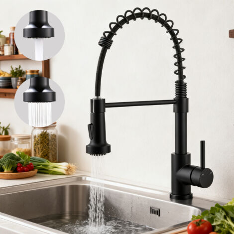 AICA Robinet de Cuisine Haute Pression Mitigeur Amovible 360° Rotatif Ressort Spiralé Finition Noire Mate
