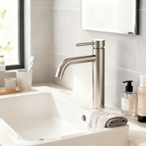 Aica Sanitaire – Robinet de salle de bain mitigeur monocommande en acier inoxydable 304 – Hauteur 195mm – Finition brossée – Étanchéité céramique haute performance