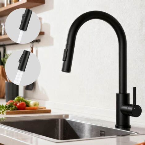 AICA Robinet de Cuisine à Douche Colonne 2 Modes Débit Eau Extractible 360° Rotatif Monocommande Finition Noire Mate