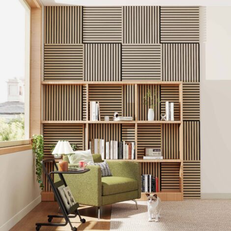 Lot de 4 Panneaux Muraux Décoratifs Acoustiques Bois MDF 60x60cm  Chêne clair  AntiBruit, Facile à Poser