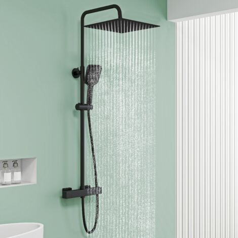 AICA Colonne de Douche Thermostatique - Set de Douche pour Salle de Bain - pommeau de douche 30x30 cm - corps en laiton - Réglable en Hauteur - Anti-Brûlure-Noir 2