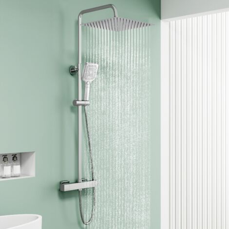 Aica Sanitaire – Colonne de douche thermostatique 30x30 cm – Corps en laiton – Réglable en hauteur – Anti-brûlure – Douchette à main 3 jets