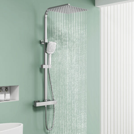 Aica Sanitaire – Colonne de douche thermostatique 30x30 cm – Corps en laiton – Réglable en hauteur – Anti-brûlure – Finition chromée