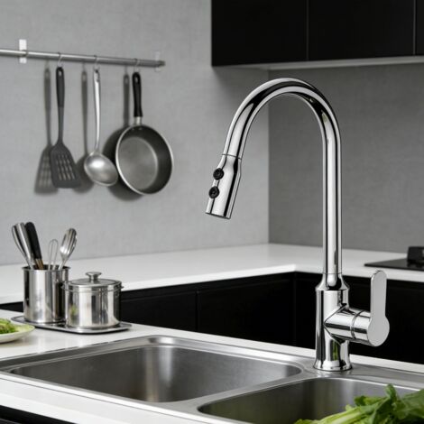 AICA Robinet cuisine extractible avec douchette, alliage zinc et âme en laiton, mitigeur monocommande chromé (1/4)