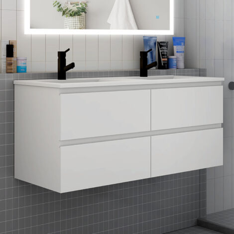 Biubiubath – Ensemble de meubles de salle de bain double vasque blanc 120 cm – Lavabo céramique – 4 tiroirs – Montage facile avec notice illustrée (1/5)
