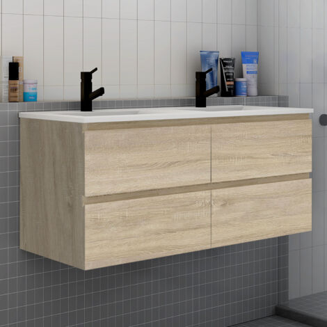 Biubiubath – Ensemble de meubles de salle de bain double vasque 120 cm – Meuble sous-vasque bois clair avec lavabo céramique – 4 tiroirs – Dimensions 120x46x52 cm