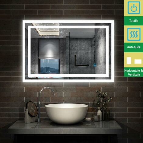 Miroir de salle de bain, LED intégrée et anti-buée,Horizontal/Vertical  100cm(L)x60cm(H)