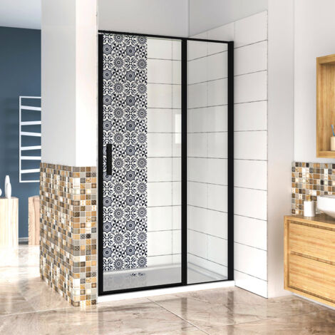 Aica Sanitaire – Porte de douche pivotante 90x185 cm – Verre anticalcaire 6 mm – Noir mat – Installation en niche – Accès avec fermeture magnétique