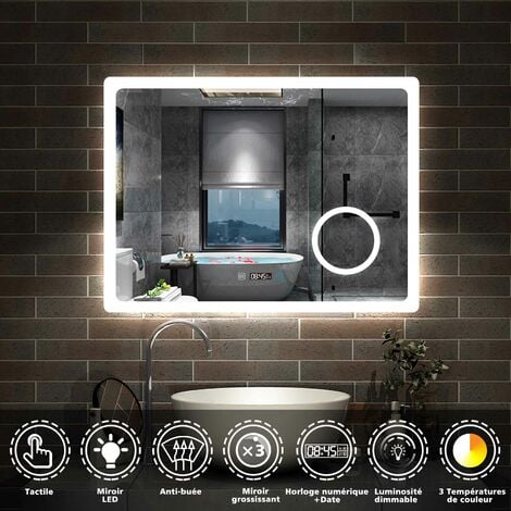 main image of "80cmx60cm avec + Horloge numérique +3couleurs LED réglables + anti-buée + Miroir grossissant"