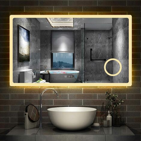 Aica Sanitaire – Miroir grossissant 120cmx70cm – Horloge numérique – 3 couleurs LED réglables – Anti-buée – Verre 5mm d'épaisseur – Installation facile