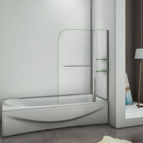 Aica Sanitaire – Pare-baignoire 100x140cm – Paroi de douche pivotante 240° – Verre securit 6mm – Porte-serviette inox avec étagères en verre (1/2)
