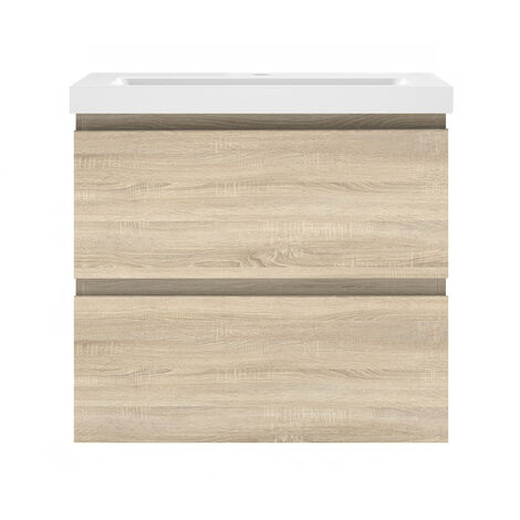 Aica Sanitaire 50cm(L)x38.5cm(P)x52cm(H) Meuble salle de bain naturel deux tiroirs avec une vasque à suspendre. (1/5)