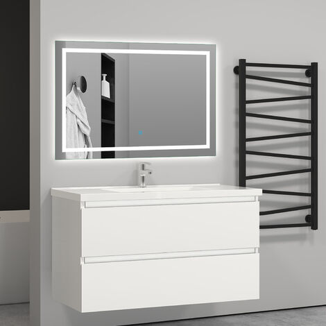 Aica Sanitaire – Ensemble de meubles de salle de bain 99x44.5x52cm – 2 tiroirs à fermeture amortie – Vasque à suspendre – MDF anti-déformation blanc (1/5)