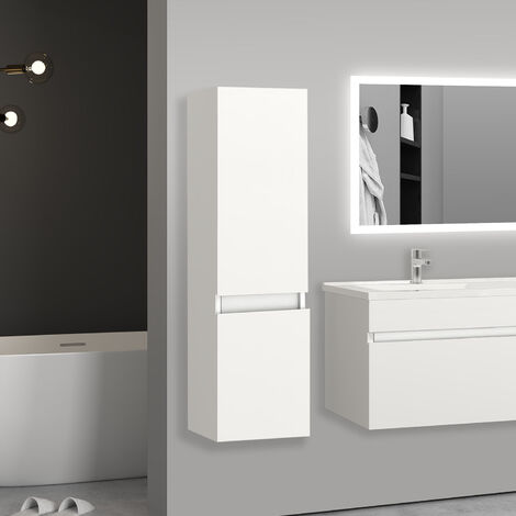 Aica Sanitaire – Meuble colonne salle de bain suspendu 30x30x110cm – MDF blanc – 2 portes avec fermeture silencieuse – Montage facile