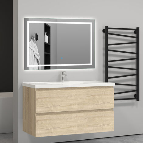 Aica Sanitaire – Meuble salle de bain 99x44.5x52cm – 2 tiroirs à fermeture amortie – Vasque à suspendre – MDF écologique – Design moderne (1/5)